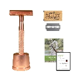 Pandoo Kovový holicí strojek se stojanem a 10 ks žiletek růžově zlatý